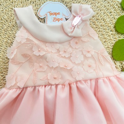 Vestido Flores com Pérolas e Ramos Bordados - Rose